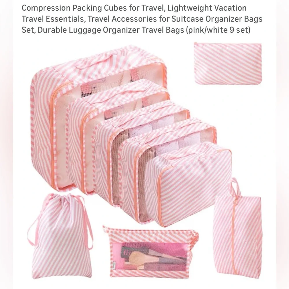 NWT (9) Piece Compression Packing Cubes Pink and White Garment Bags Set